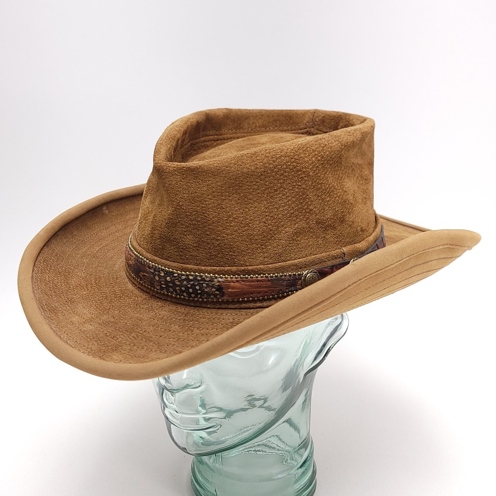 Henschel Brown Suede Leather Cowboy Outback‎ Rancher Hat XL Feather Band USA